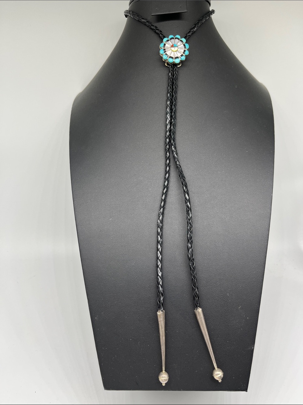 Native American Bolo Tie 36 inches sterling silver inlay Zuni - Picture 2 of 9